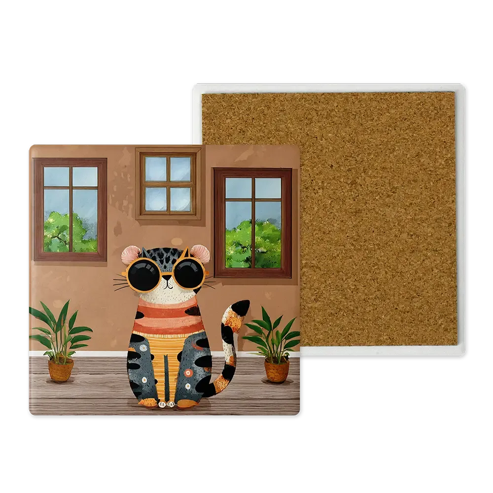 Μοντέρνο Κεραμικό Σουβέρ Art 10x10 Σχέδιο Γάτα με Γυαλιά &amp; Βιβλιοθήκη - Cozy Dark Interior