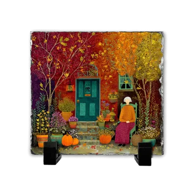 Πέτρινος Πίνακας Επιτραπέζιος 20x20 - Σχέδιο No.8 Σπίτι με Κολοκύθες Vibrant Illustration