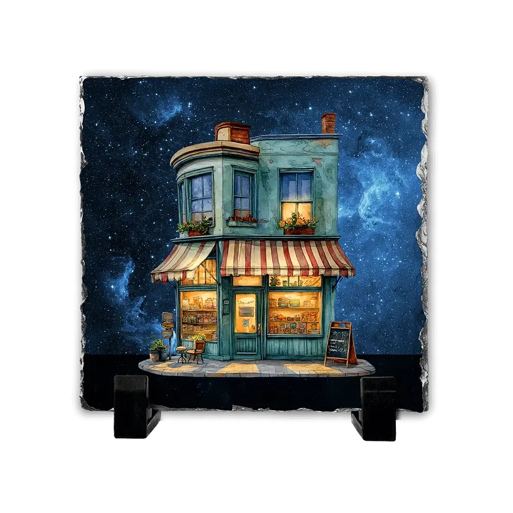 Πέτρινος Πίνακας Επιτραπέζιος 20x20 - Νοσταλγικό Μαγαζάκι watercolor Illustation