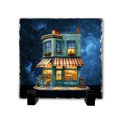 Πέτρινος Πίνακας Επιτραπέζιος 20x20 - Νοσταλγικό Μαγαζάκι watercolor Illustation