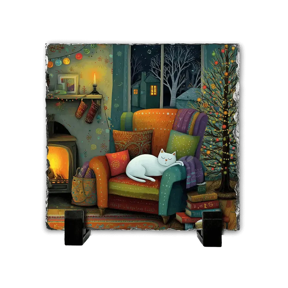 Πέτρινος Πίνακας Επιτραπέζιος 20x20 - Λευκή Γάτα στο Τζάκι Cozy Christmas Art