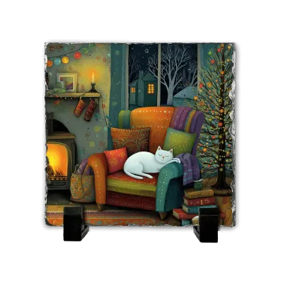 Πέτρινος Πίνακας Επιτραπέζιος 20x20 - Λευκή Γάτα στο Τζάκι Cozy Christmas Art