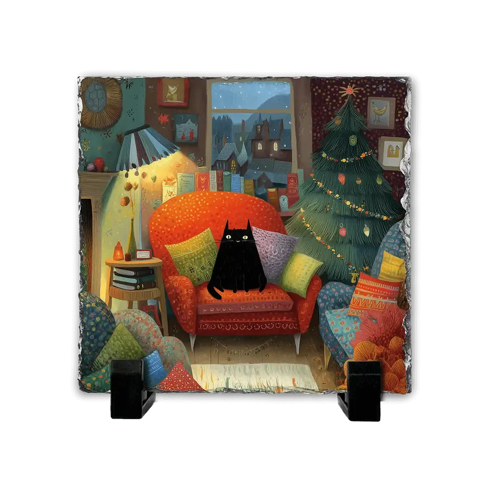 Πέτρινος Πίνακας Επιτραπέζιος 20x20 - Μαύρη Γάτα και Δέντρο Whimsical Illustration