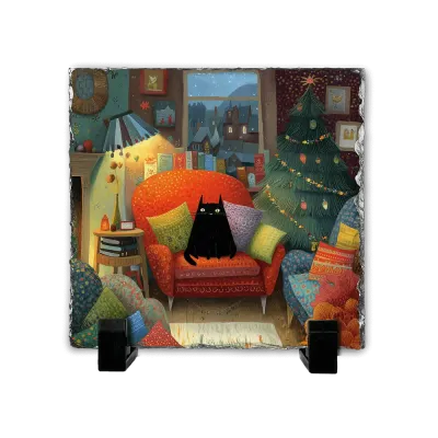 Πέτρινος Πίνακας Επιτραπέζιος 20x20 - Μαύρη Γάτα και Δέντρο Whimsical Illustration