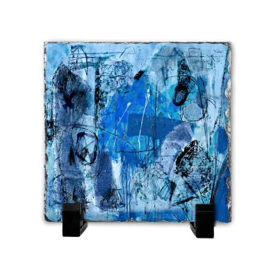 Πέτρινος Πίνακας Επιτραπέζιος 20x20 - Μπλε Σύνθεση Abstract Mixed Media