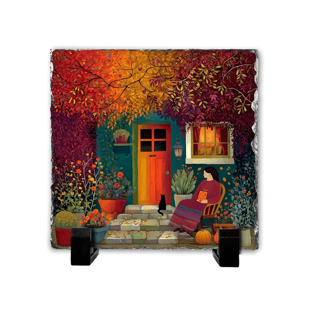 Πέτρινος Πίνακας Επιτραπέζιος 20x20 - Σχέδιο No.6 Γυναίκα στον Φθινοπωρινό Κήπο Folk Art