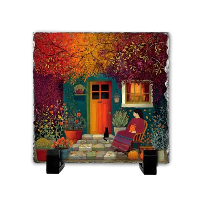 Πέτρινος Πίνακας Επιτραπέζιος 20x20 - Σχέδιο No.6 Γυναίκα στον Φθινοπωρινό Κήπο Folk Art