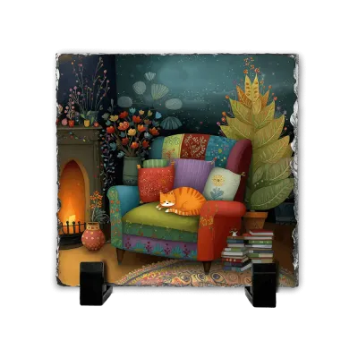 Πέτρινος Πίνακας Επιτραπέζιος 20x20 - Πορτοκαλί Γάτα σε Πολυθρόνα Cozy Folk Art