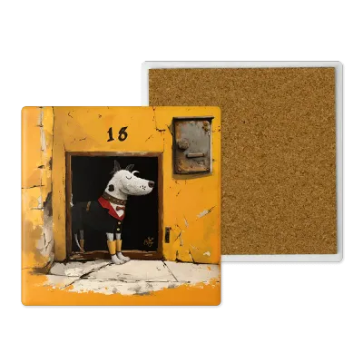 Μοντέρνο Κεραμικό Σουβέρ Art 10x10 Σχέδιο Σκύλος σε Κίτρινο Φόντο Cartoon