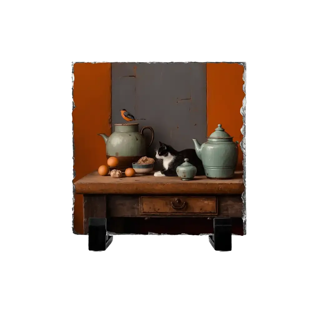 Πέτρινος Πίνακας Επιτραπέζιος 15x15 - Σχέδιο No.3 Γάτα - Ρουστίκ Σκηνή