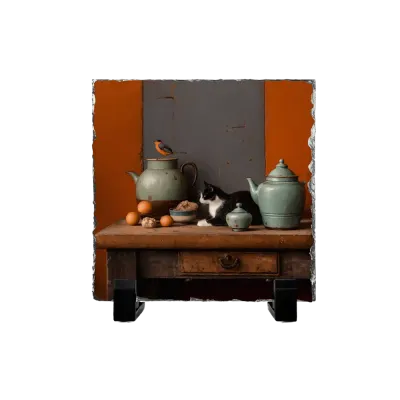 Πέτρινος Πίνακας Επιτραπέζιος 15x15 - Σχέδιο No.3 Γάτα - Ρουστίκ Σκηνή