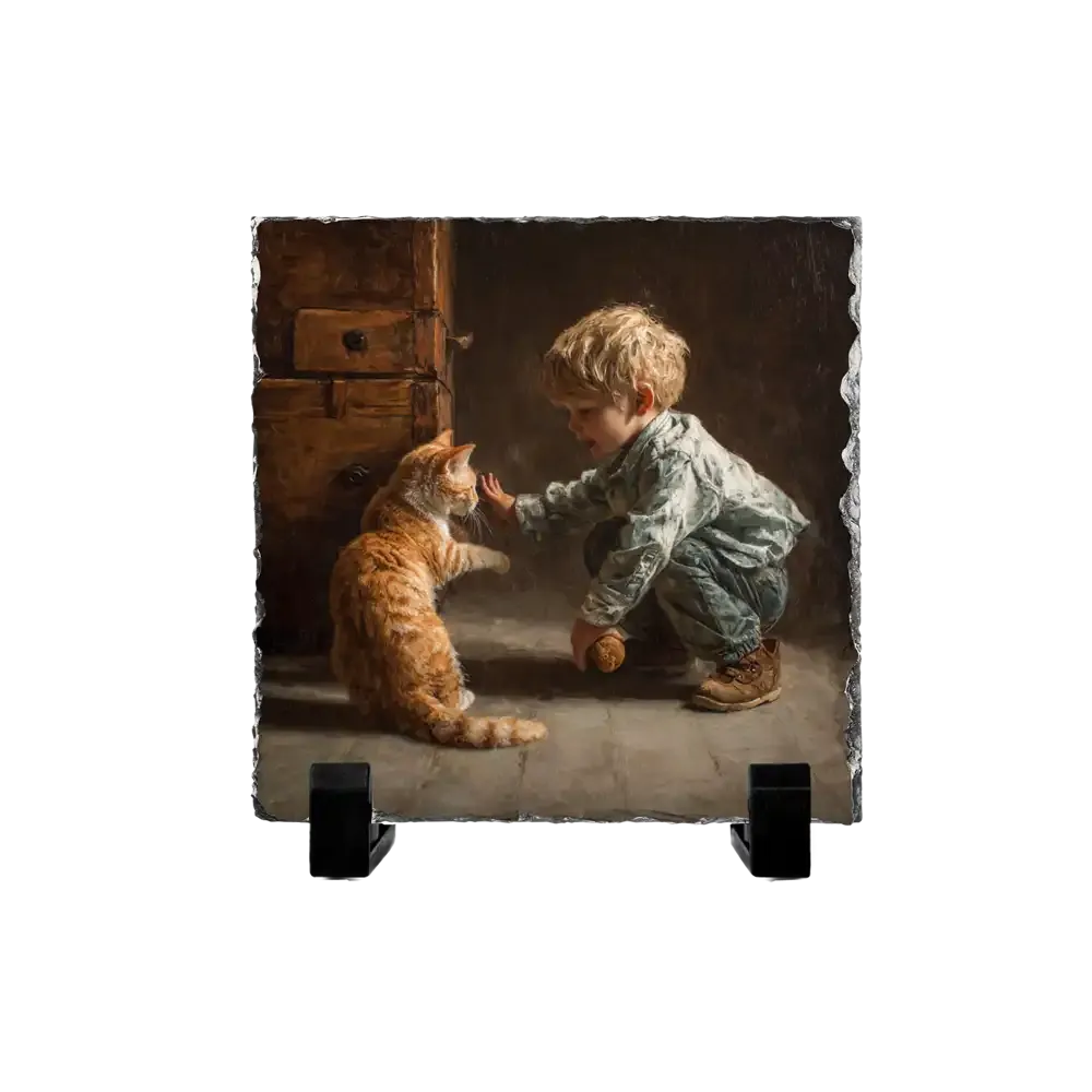 Πέτρινος Πίνακας Επιτραπέζιος 15x15 - Σχέδιο No.4 Αγόρι &amp; Τζίντζερ Γάτα - Κλασικό Πορτρέτο