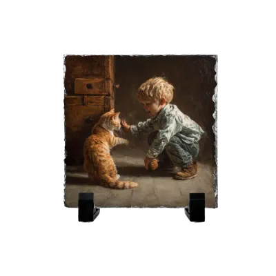 Πέτρινος Πίνακας Επιτραπέζιος 15x15 - Σχέδιο No.4 Αγόρι &amp; Τζίντζερ Γάτα - Κλασικό Πορτρέτο