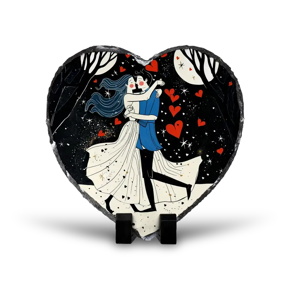 Πέτρινος Επιτραπέζιος Πίνακας Καρδιά 20x20 - Το Φιλί στο Δάσος - Modern Romantic Noir