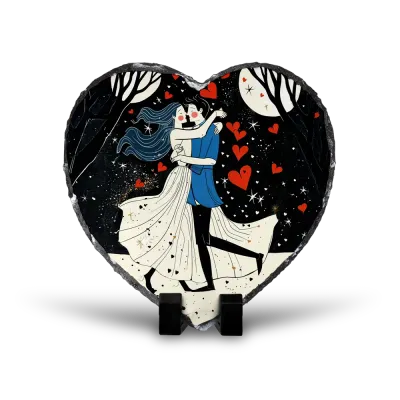 Πέτρινος Επιτραπέζιος Πίνακας Καρδιά 20x20 - Το Φιλί στο Δάσος - Modern Romantic Noir