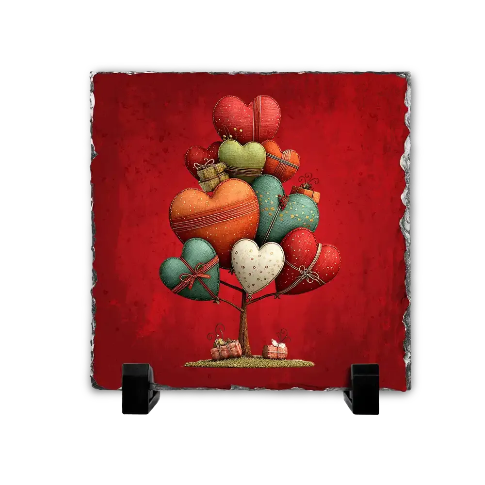 Πέτρινος Επιτραπέζιος Πίνακας 15x15 - Σχέδιο Δέντρο με Υφασμάτινες Καρδιές &amp; Δώρα - Cozy Textural Heart Composition