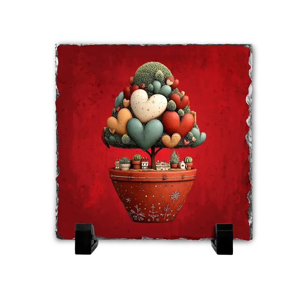 Πέτρινος Επιτραπέζιος Πίνακας 15x15 - Σχέδιο Δέντρο Καρδιών σε Γλάστρα με Σπιτάκια - Surreal Heart Garden Illustration