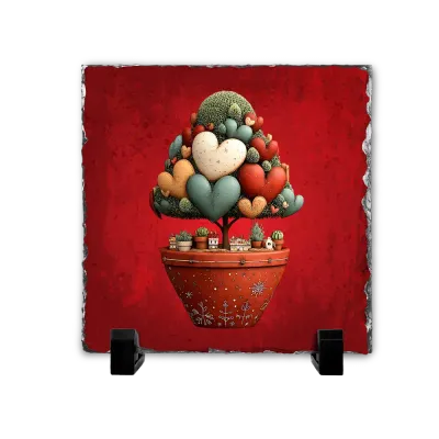 Πέτρινος Επιτραπέζιος Πίνακας 15x15 - Σχέδιο Δέντρο Καρδιών σε Γλάστρα με Σπιτάκια - Surreal Heart Garden Illustration