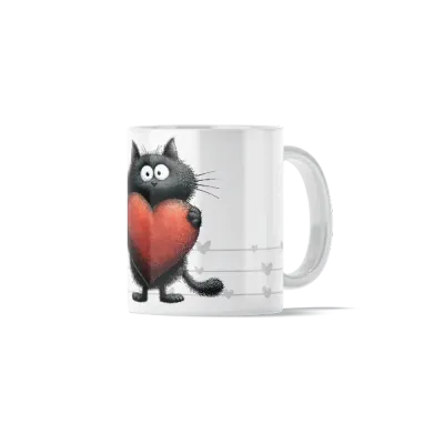 Κούπα Κεραμική πρωτότυπη - Μαύρο Γατάκι Έκπληξη με Καρδιά Funny Cartoon Style