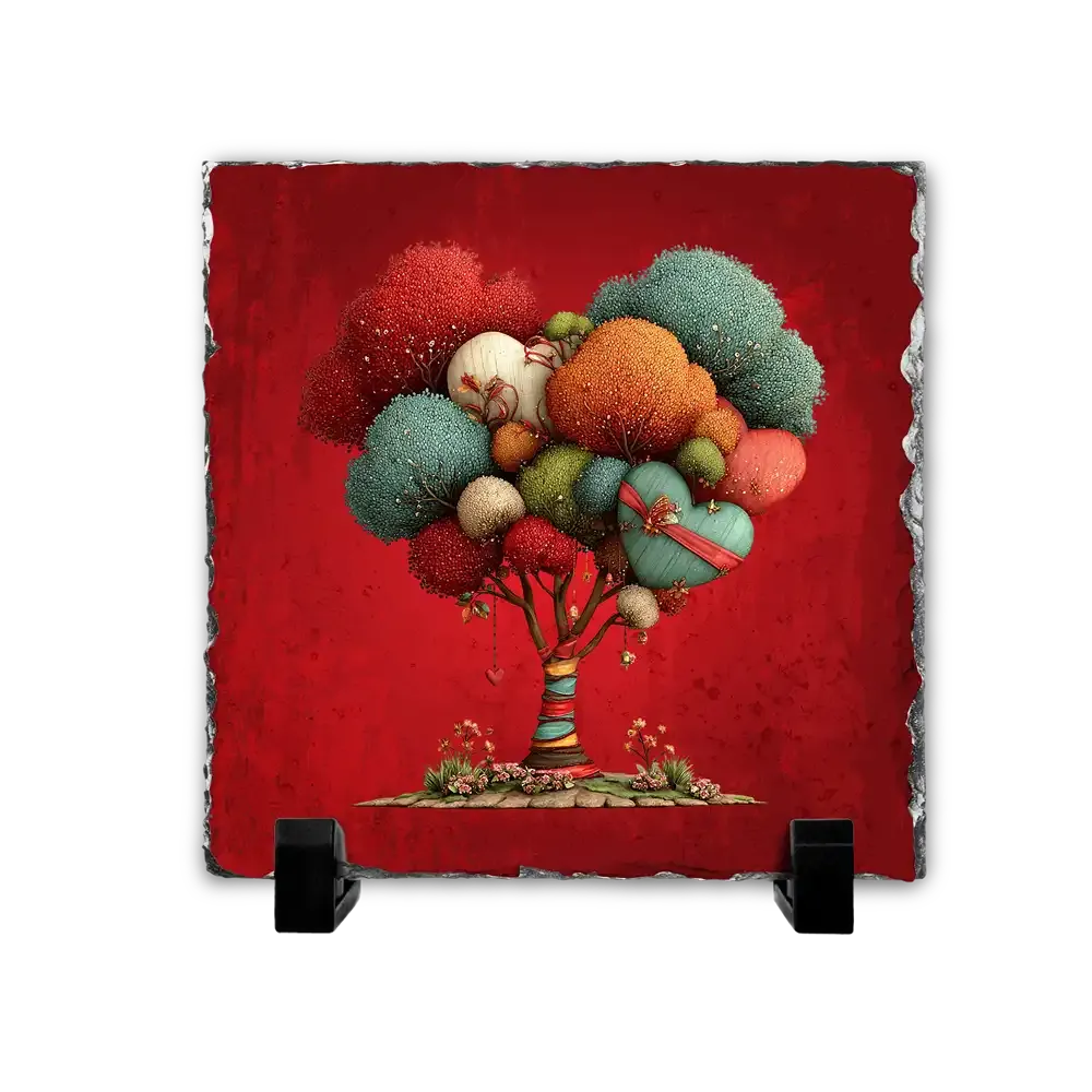 Πέτρινος Επιτραπέζιος Πίνακας 15x15 - Σχέδιο Δέντρο με Πολύχρωμες Καρδιές &amp; Κορδέλα - Romantic Folk Art Heart Tree