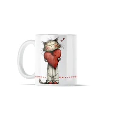 Κούπα Κεραμική πρωτότυπη - Λευκό Γατάκι με Καρδιά Cute Character Design