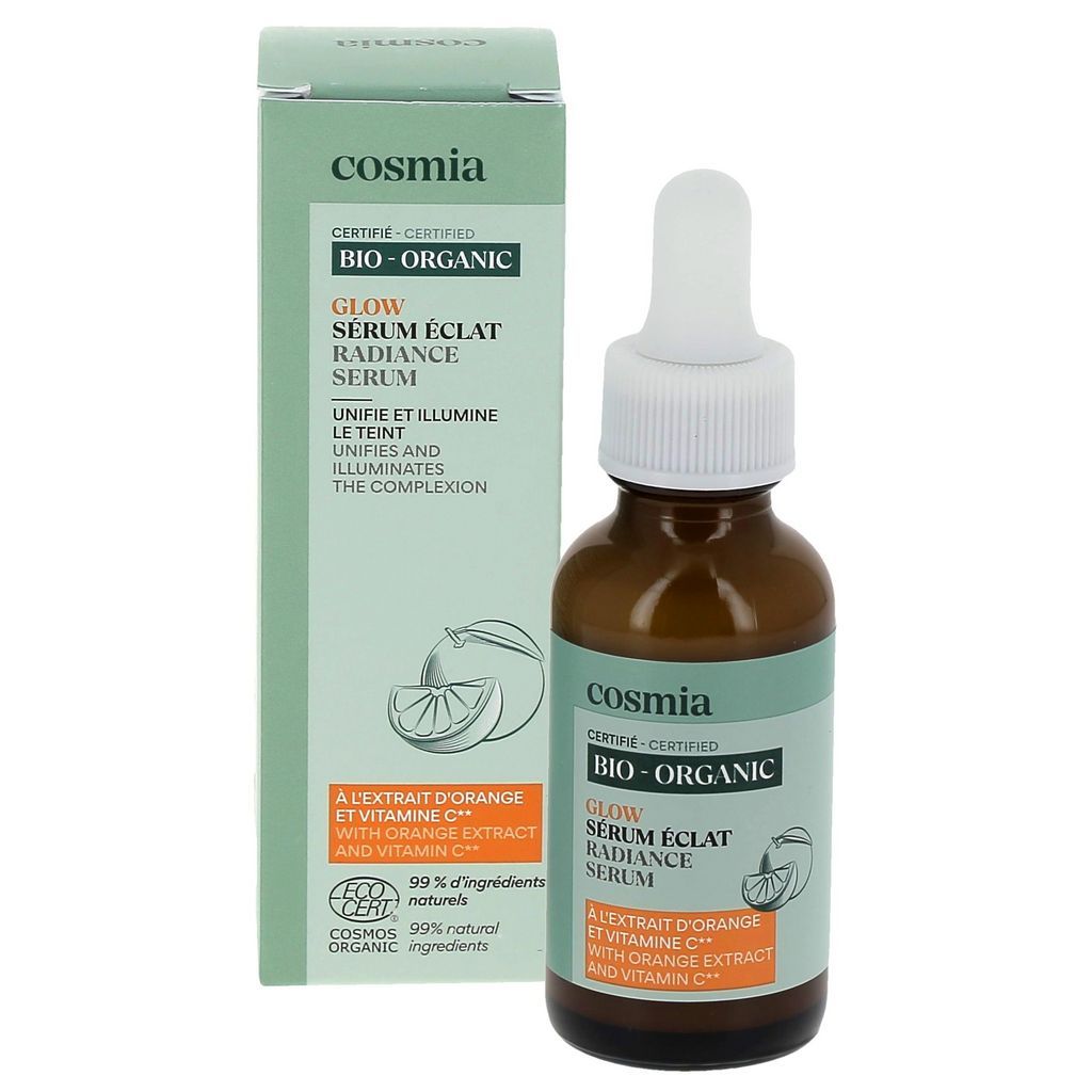 COSMIA BIO Glow Sérum visage bio à l&#39;extrait d&#39;orange et vitamine C Donnez un coup de boost à votre peau avec le Sérum Eclat GLOW Cosmia ! Conçu pour illuminer et uniformiser votre peau, ce sérum enri