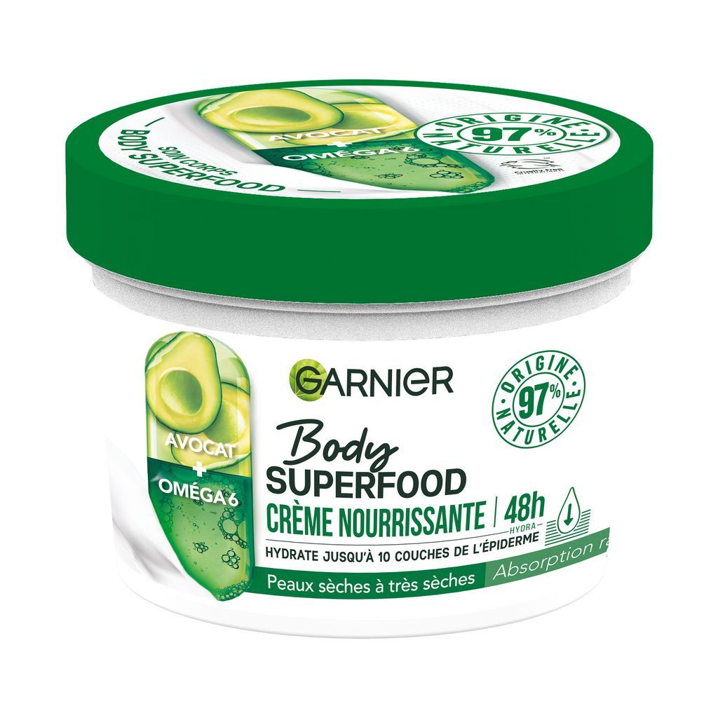 GARNIER Body Superfood Crème nourrissante 48h à l&#39;avocat et oméga 6 pour peaux sèches à très sèches 380ml