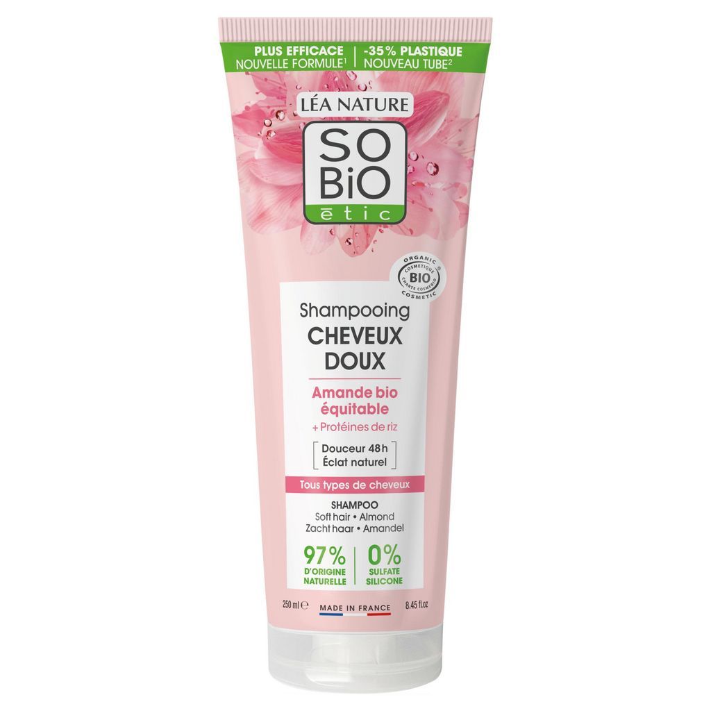 SO BIO ETIC Shampooing cheveux doux amande + protéines de riz tous types de cheveux 250ml Allergènes : LINALOOL