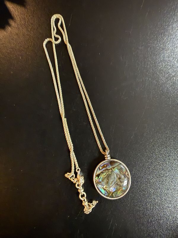 925 Sterling Silver Vintage Colorful Abalone Shell Pendant Necklace (30” Chain)