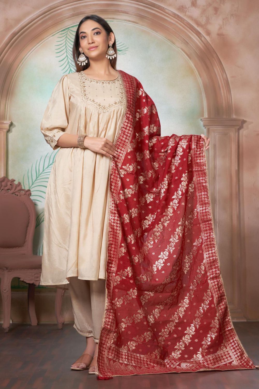 Gayatri Muslin Beige Kurta Set with Dupatta