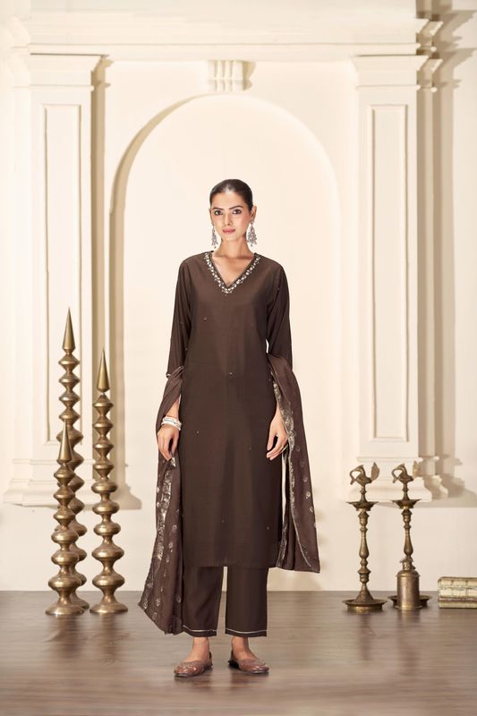 Nirjari Brown Silk Kurta Set with Dupatta