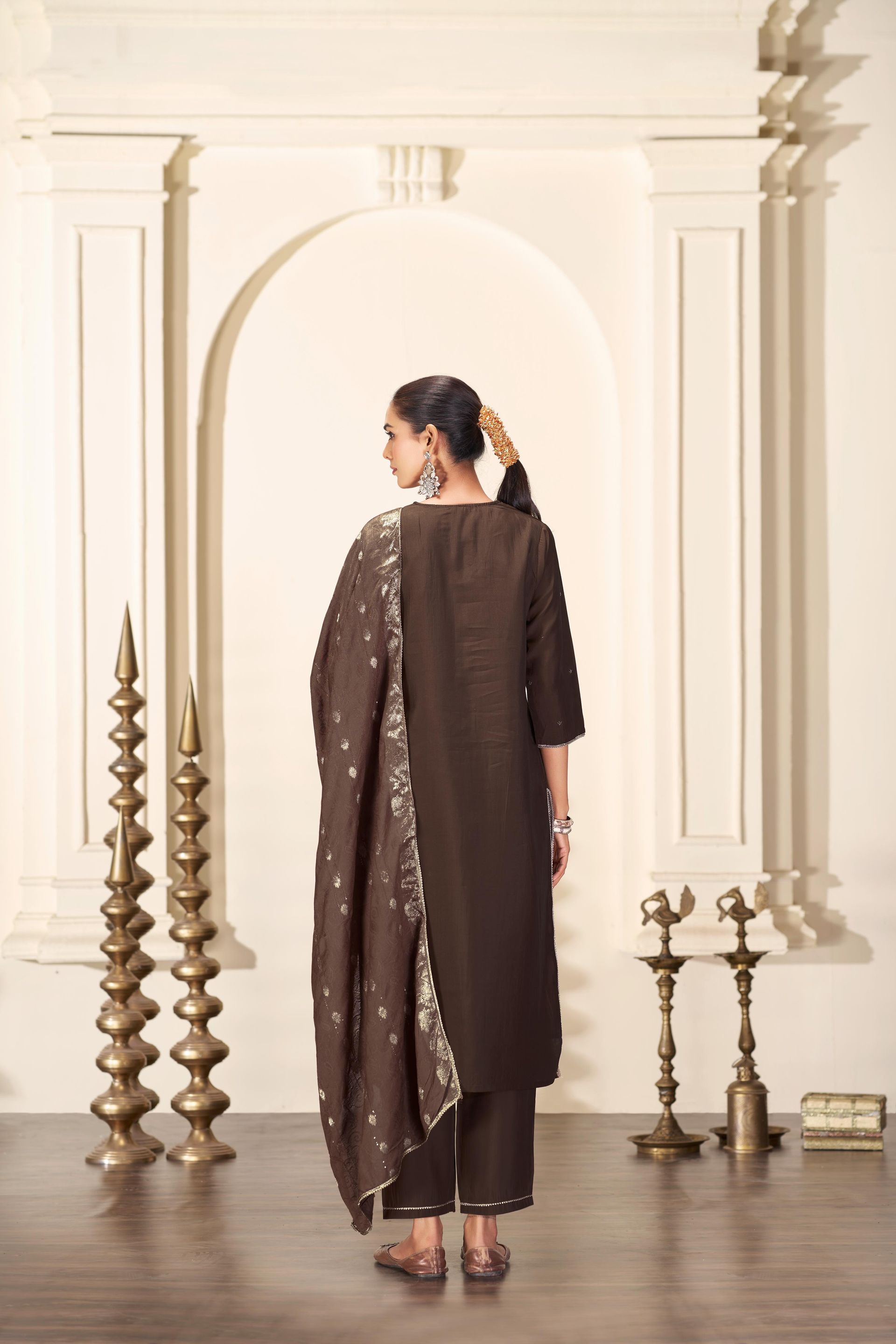 Nirjari Brown Silk Kurta Set with Dupatta