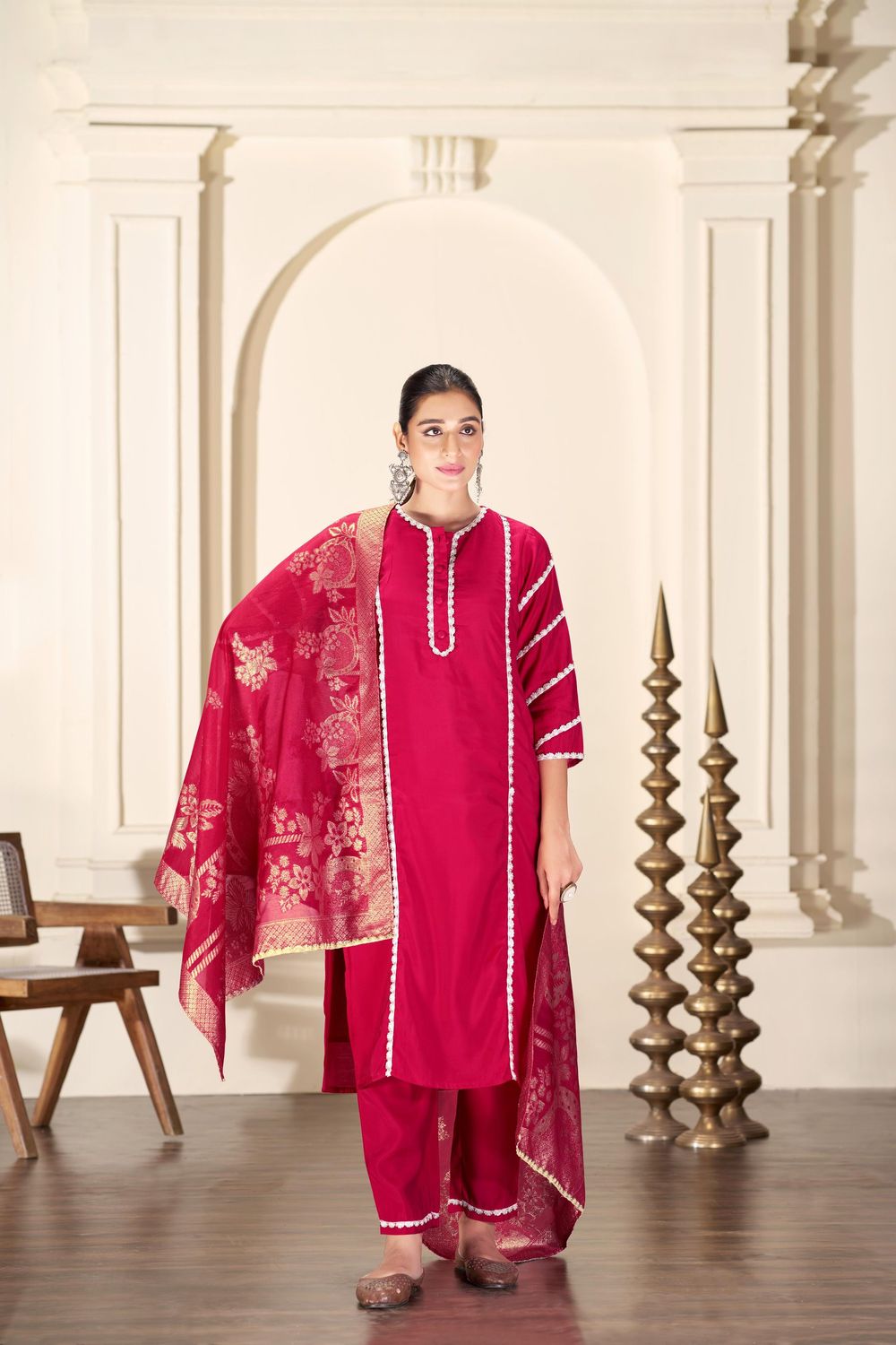 Almina Red Silk Kurta Set with Dupatta Almina Red Silk Kurta Set with Dupatta