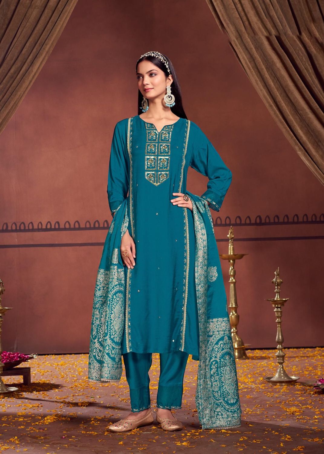 Nafisa Viscose Teal Kurta Set with Dupatta Nafisa Viscose Teal Kurta Set with Dupatta