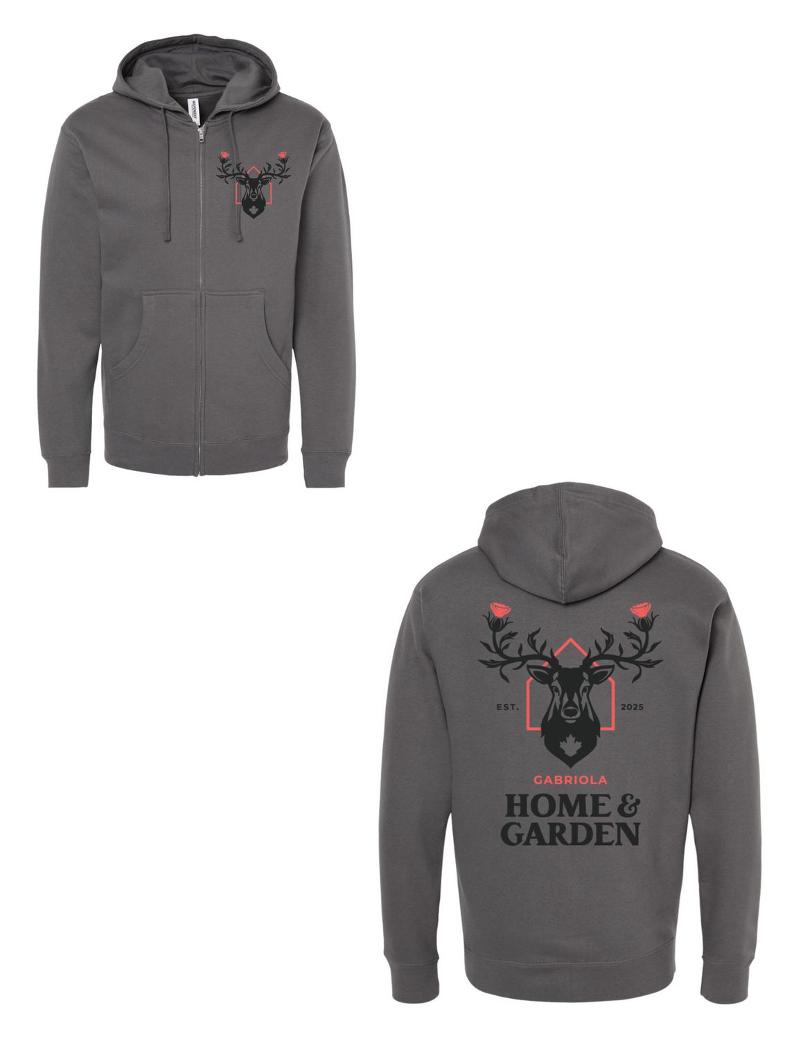 Gabriola Home &amp; Garden Hooded Sweatershirt w/ FULL ZIPPER &amp; Black Logo, Color: Charcoal Grey, Size: Small