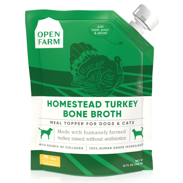 Open Farm Dog/Cat Bone Broth Topper Homestead Turkey 12 oz