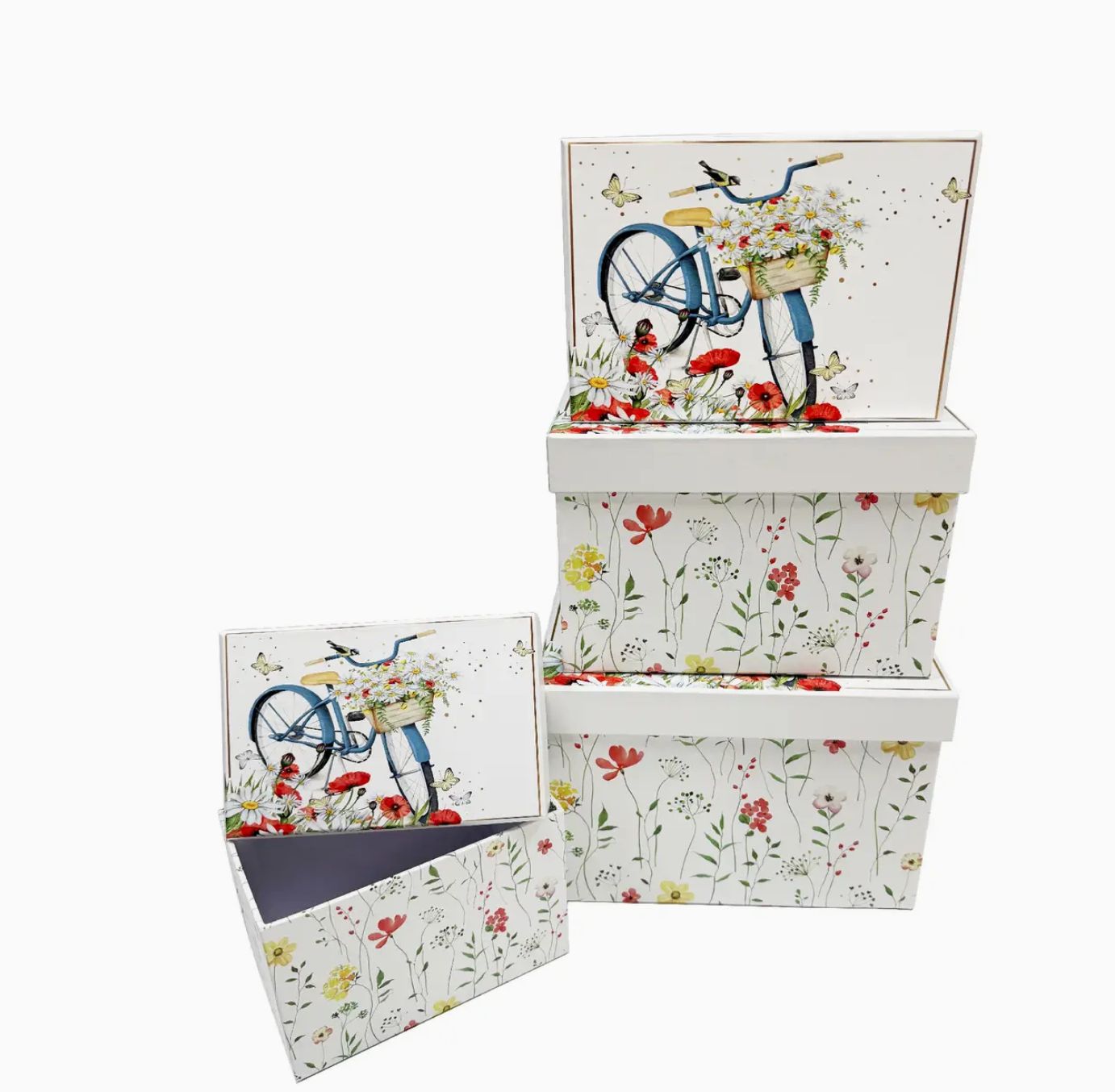 Rectangle Nesting Boxes Top Lid Bike &amp; Flowers Set of 4