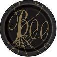 BLACK &amp; GOLD SPIDER WEB "BOO" RND 7" DSP PLT 8CT