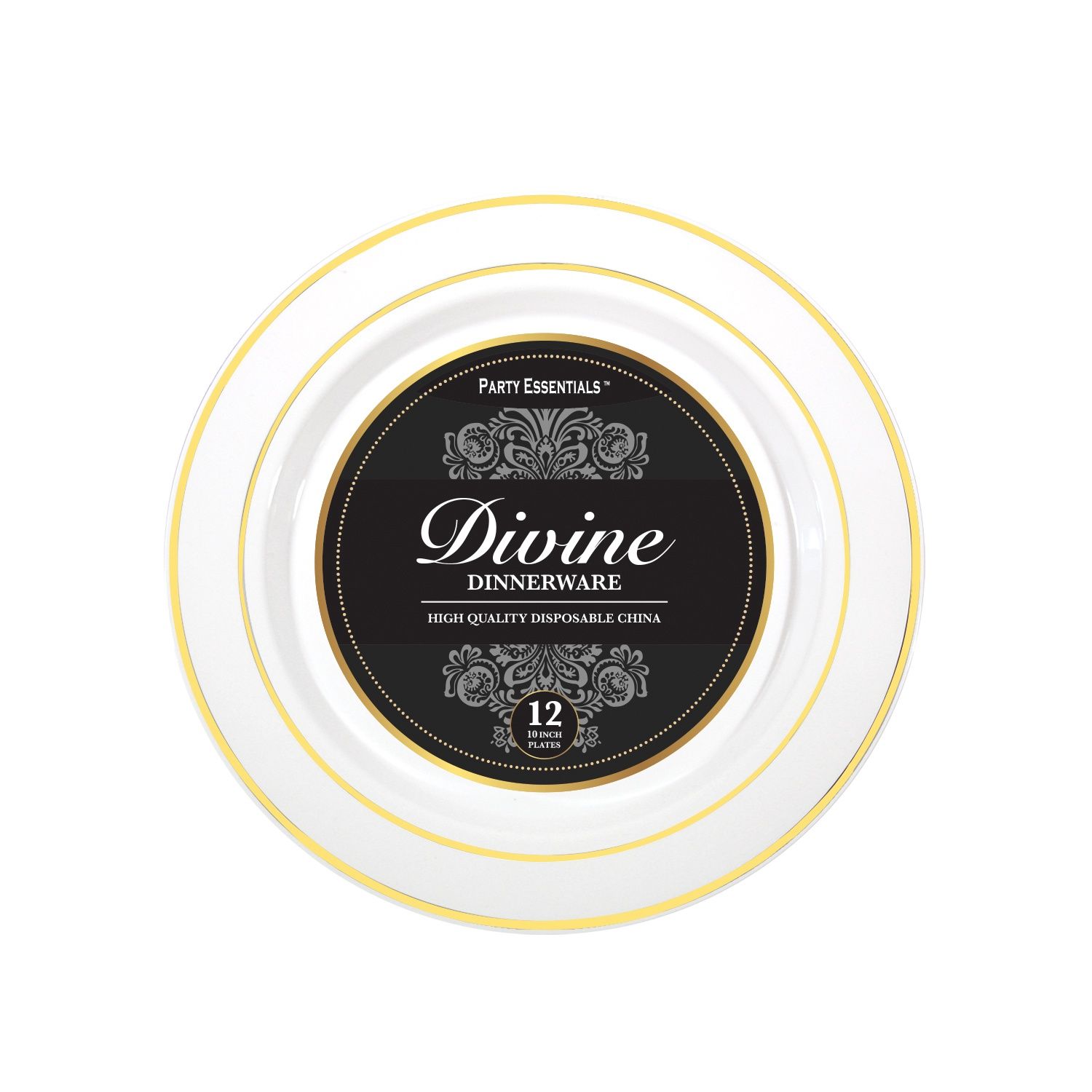 10" PLATES WHITE W GOLD TRIM 12PK