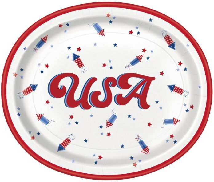 PATRIOTIC USA "USA" OVAL 12" PLATES  8CT
