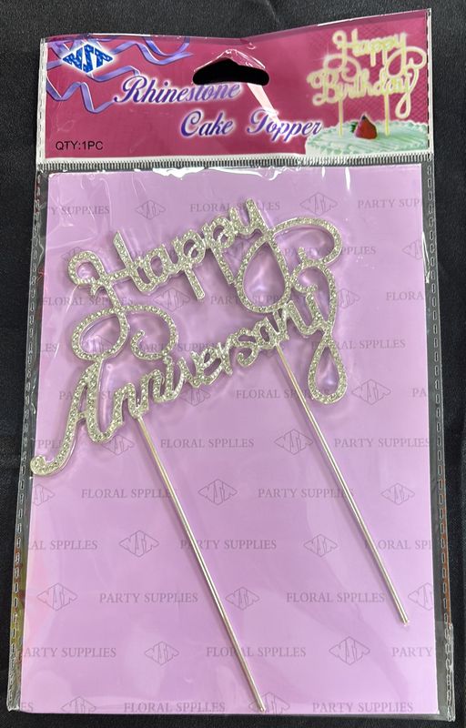 SILVER HAPPY ANNIVERSARY RHINESTONE CAKE TOPPER