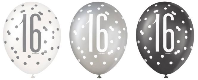 12" BALLOONS GLITZ BLACK SILVER SWEET 16 6CT