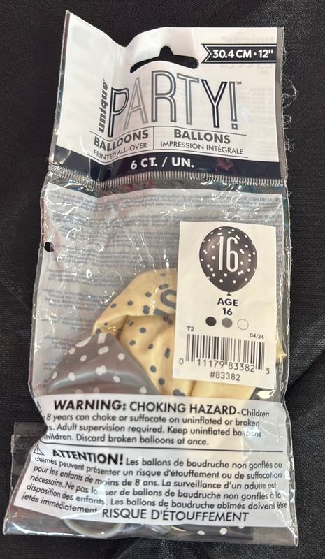 12" Balloons Glitz Black Silver Sweet 16 6Ct