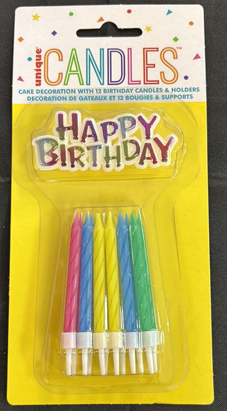 CANDLES RNBW CAKE TOPPER W/12 BD CANDLES