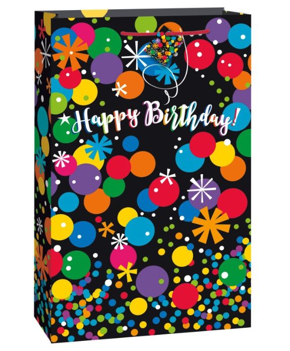 GIFT BAG X-JUMBO BLACK STARS DOTS HBD
