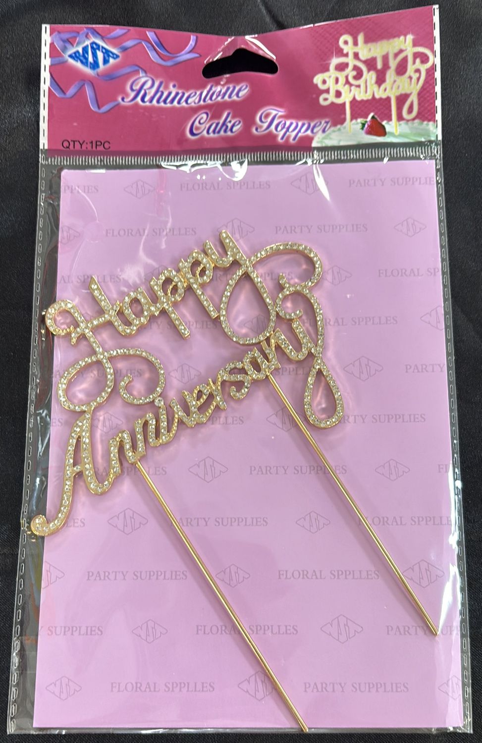GOLD HAPPY ANNIVERSARY RHINESTONE CAKE TOPPER