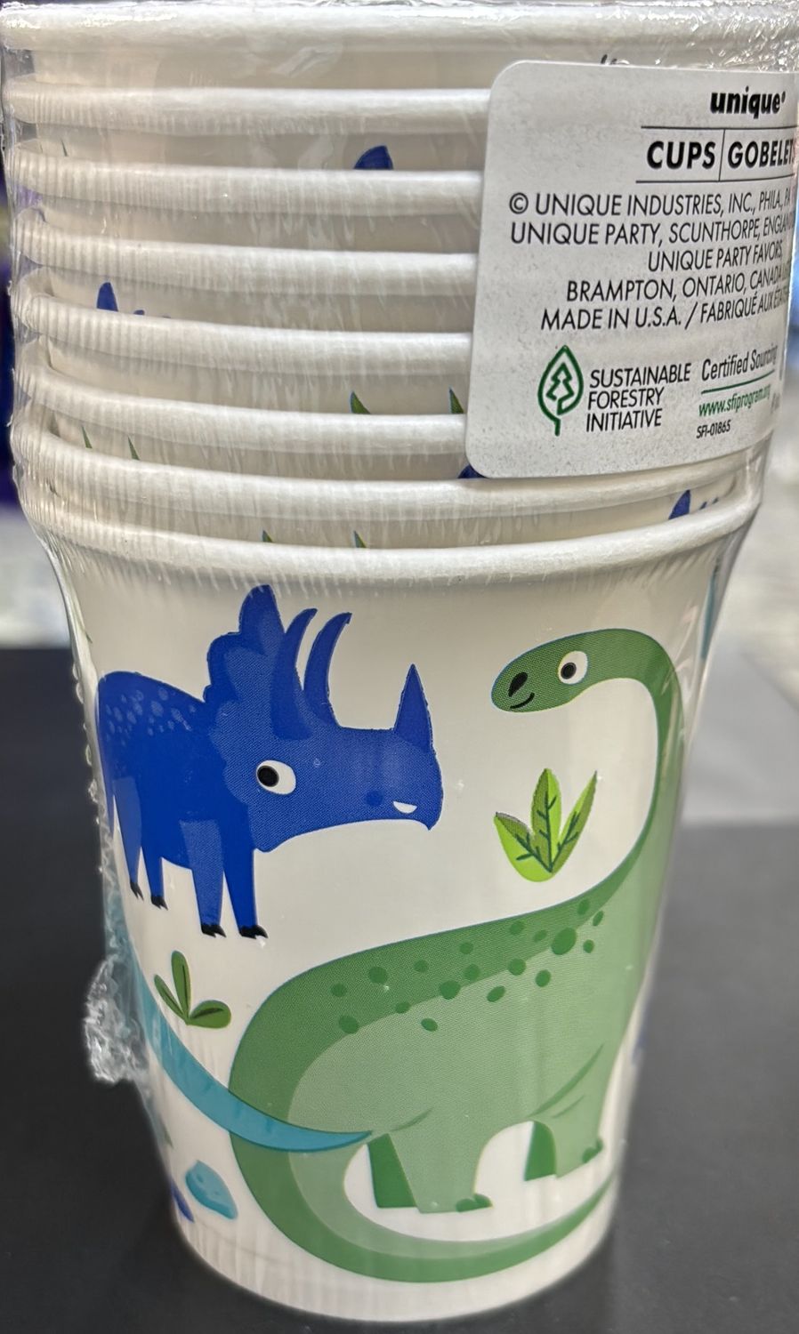 PAPER CUPS BLUE GREEN DINOS