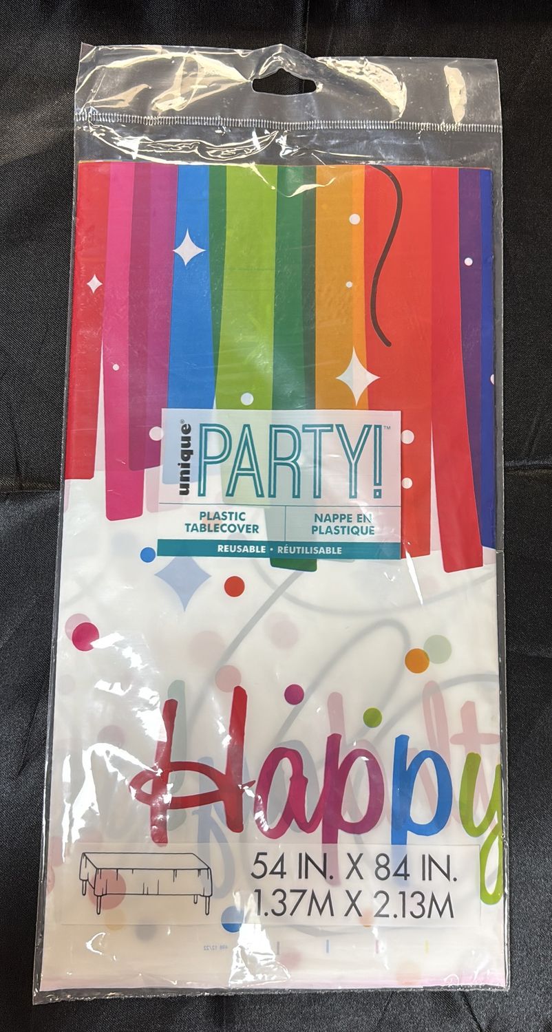 PLASTIC TABLECOVER RAINBOW RIBBONS