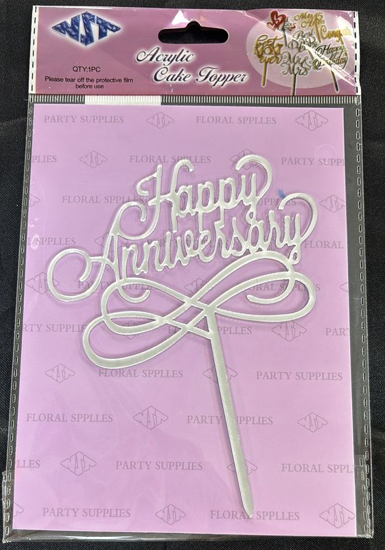 SILVER ACRYLIC HAPPY ANNIVERSARY CAKE TOPPER
