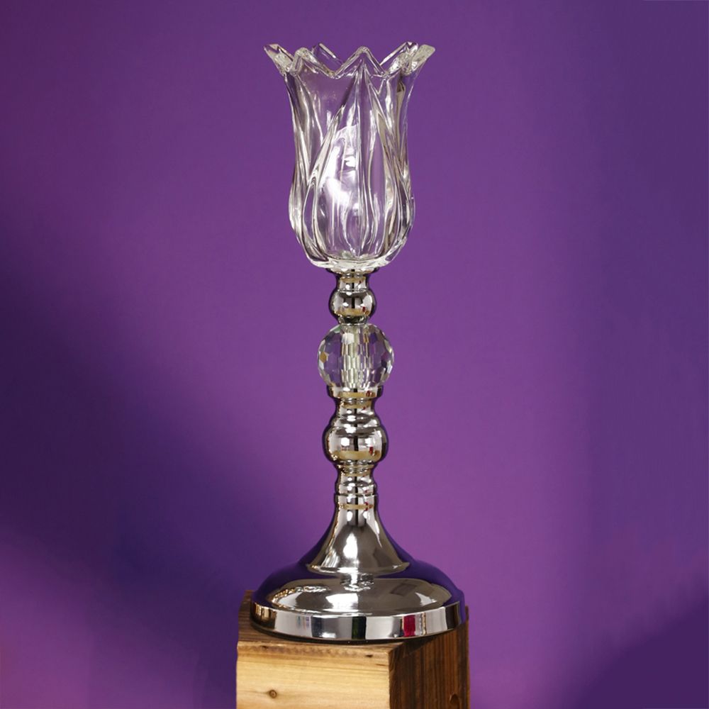 Silver 18.5"Hx5.5"Crystal Tulip On Mtl Candle Holder, 1Pc/Box,4/8Pc - 2
